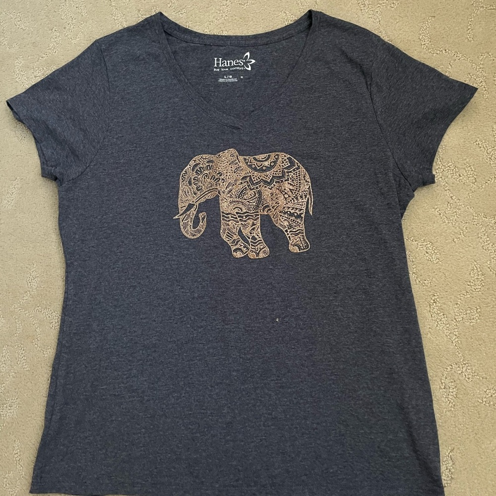 Brand new Hanes v-neck t-shirt with gold elephant detail
